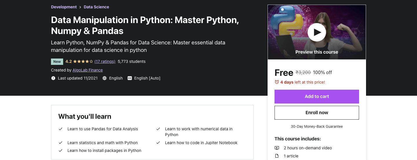 Data Manipulation in Python: Master Python, Numpy & Pandas