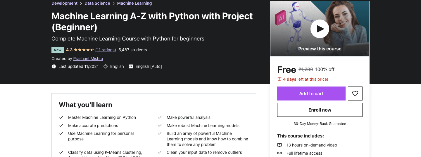 Machine Learning A-Z with Python with Project (Beginner) 