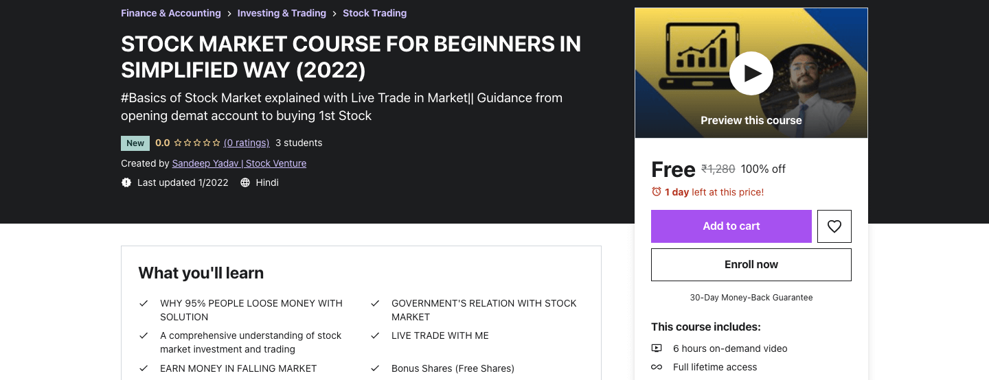 STOCK MARKET COURSE FOR BEGINNERS IN SIMPLIFIED WAY (2022)