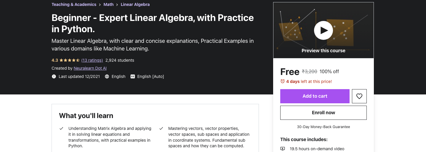 Beginner - Expert Linear Algebra, with Practice in Python.