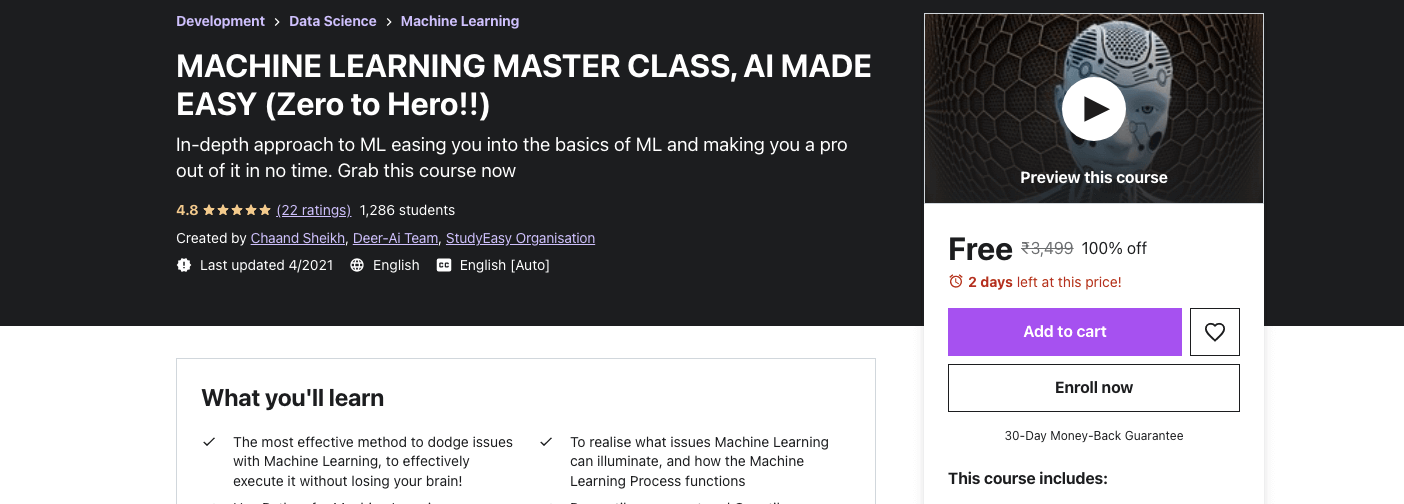 MACHINE LEARNING MASTER CLASS, AI MADE EASY (Zero to Hero!!)
