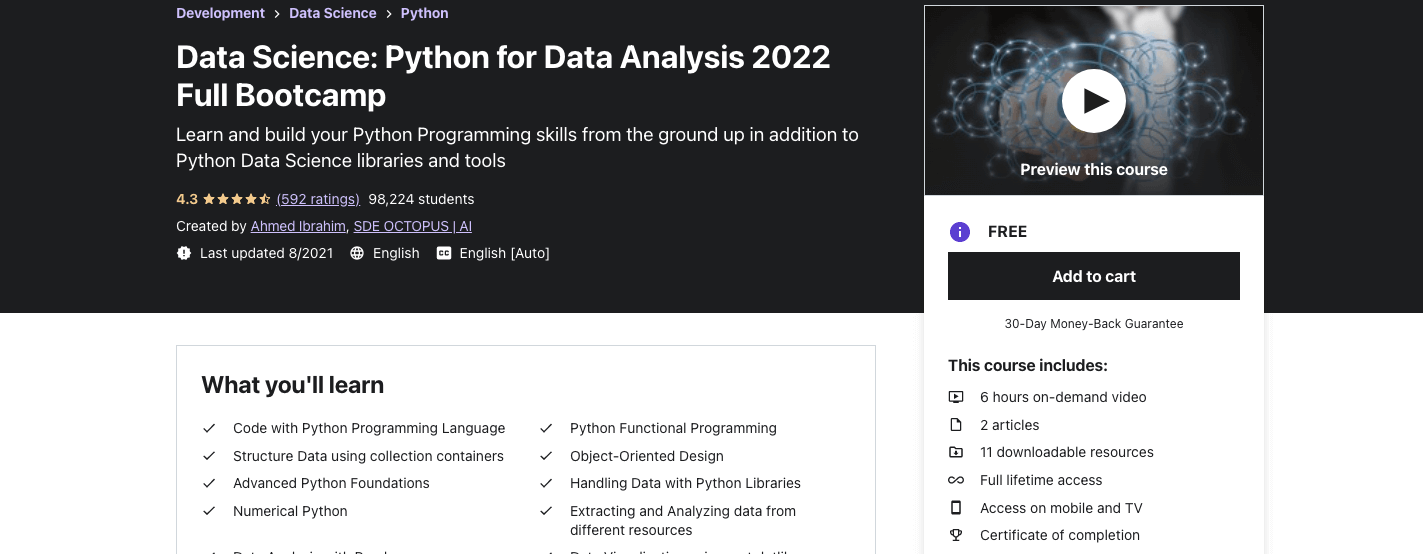 Data Science: Python for Data Analysis 2022 Full Bootcamp 