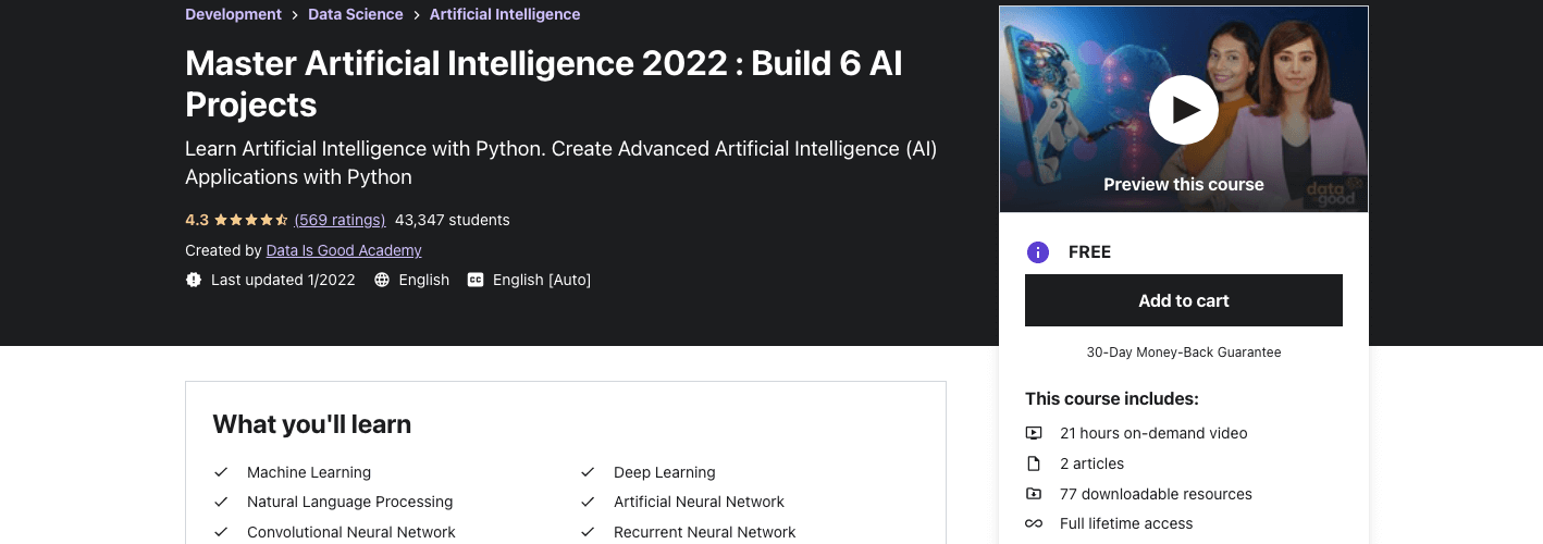 Master Artificial Intelligence 2022 : Build 6 AI Projects