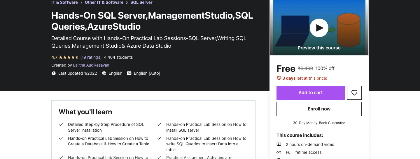 Hands-On SQL Server,ManagementStudio,SQL Queries,AzureStudio