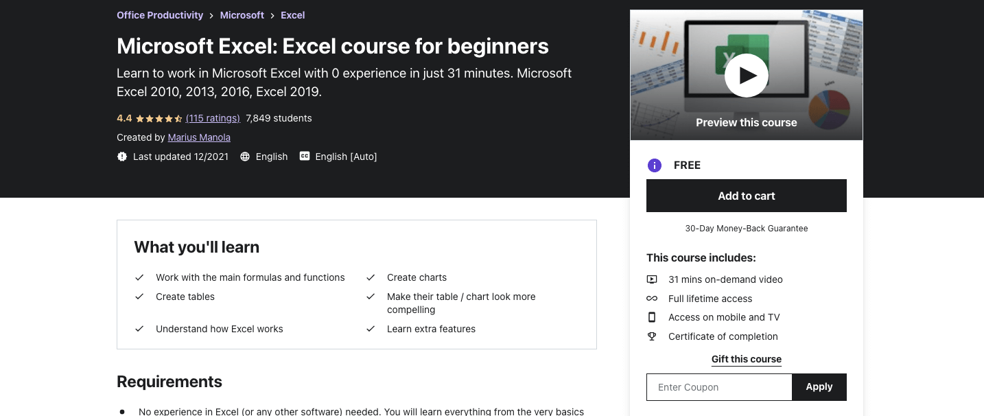 Microsoft Excel: Excel course for beginners
