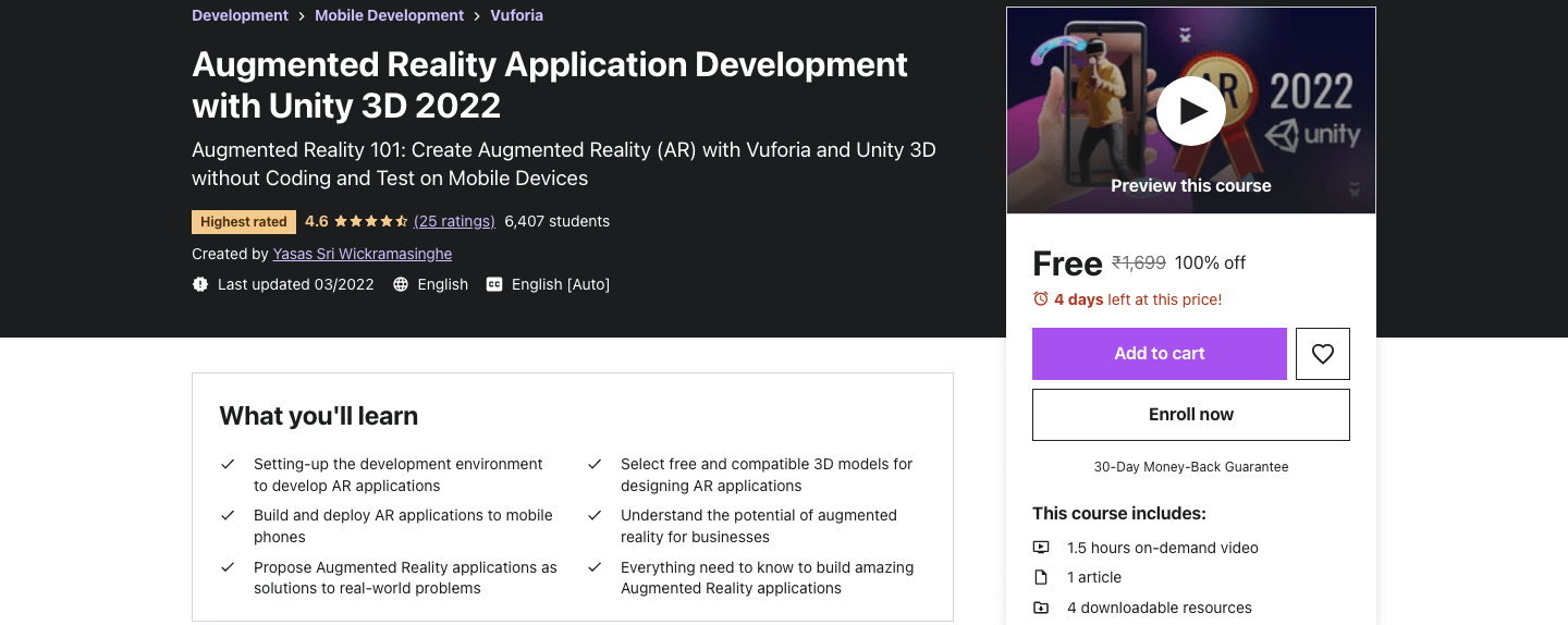 Augmented Reality Application Development with Unity 3D 2022