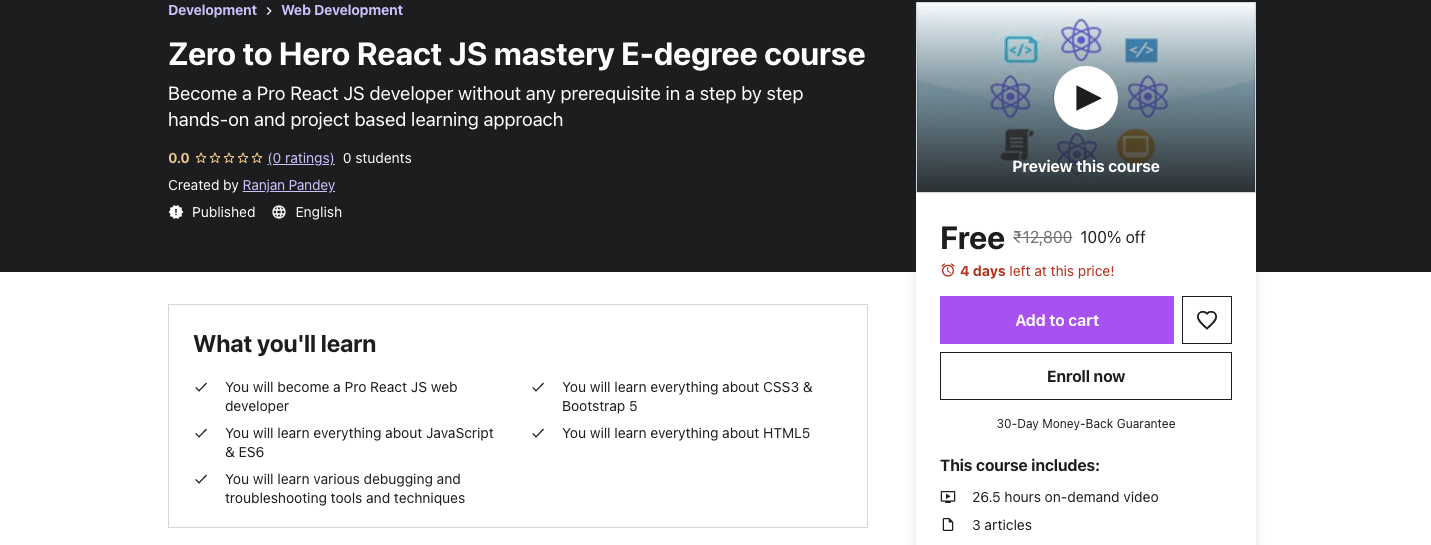 Zero to Hero React JS mastery E-degree course