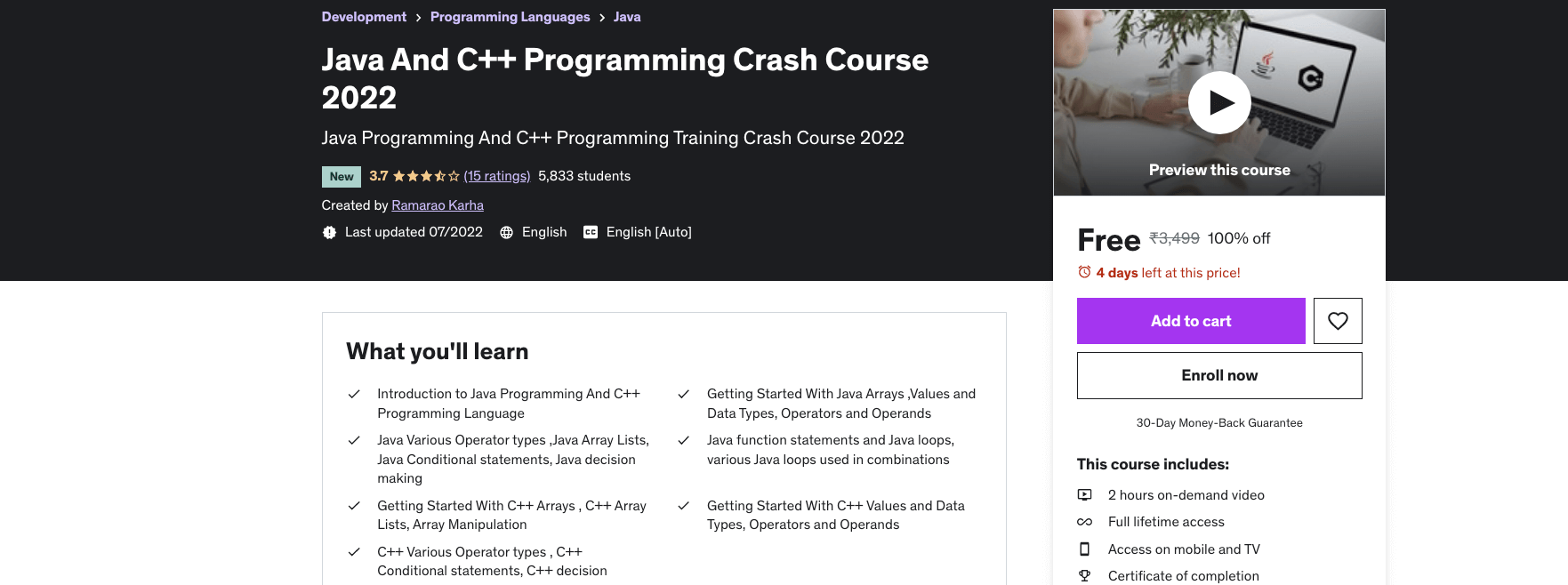 Java And C++ Programming Crash Course 2022