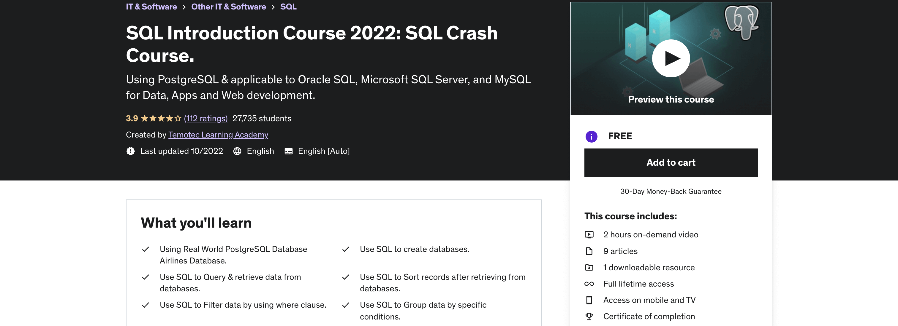 SQL Introduction Course 2022: SQL Crash Course.