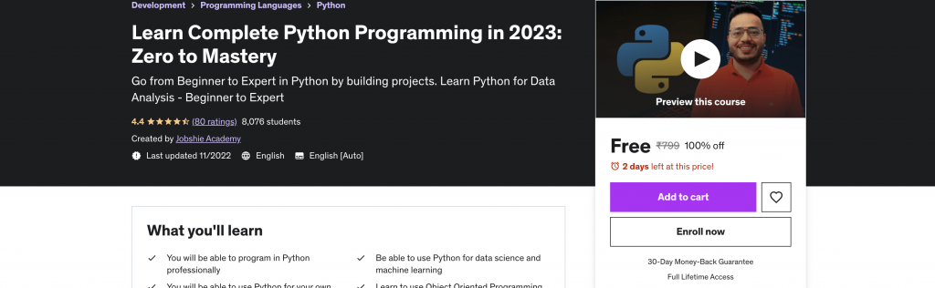 Learn Complete Python Programming in 2023: Zero to Mastery
