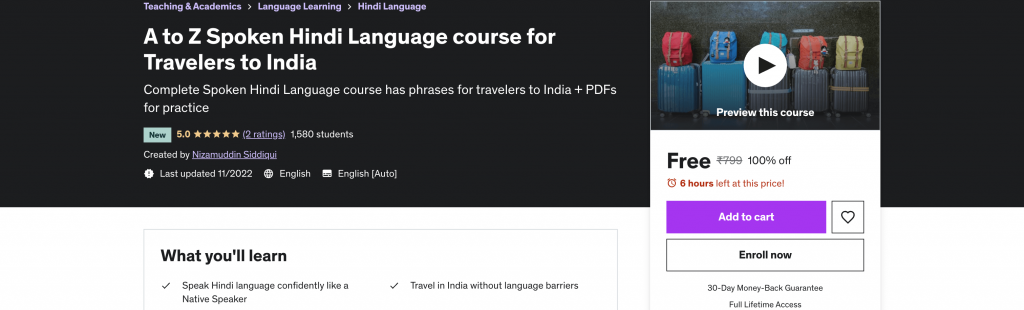 A to Z Spoken Hindi Language course for Travelers to India
