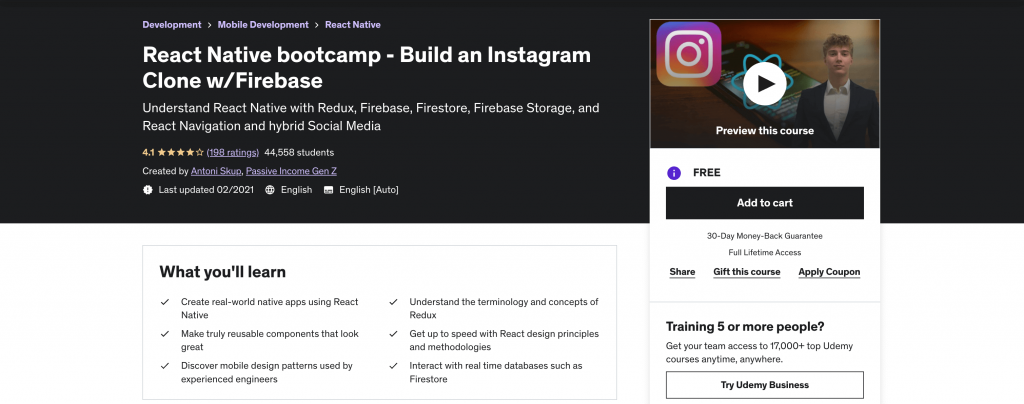 React Native bootcamp - Build an Instagram Clone w/Firebase
